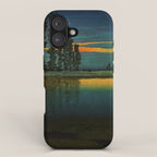 Sundown at Fuhin - Nightime Sunset and Trees by the Lake - Nature Ukiyo Landscape in Blue, Green & Orange iPhone Case Gallery Image 1