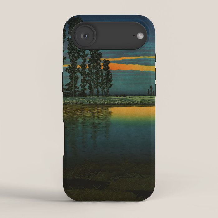 Sundown at Fuhin - Nightime Sunset and Trees by the Lake - Nature Ukiyo Landscape in Blue, Green & Orange iPhone Case Gallery Image 2