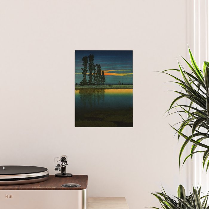 Sundown at Fuhin - Nightime Sunset and Trees by the Lake - Nature Ukiyo Landscape in Blue, Green & Orange Poster Gallery Image 2