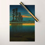 Sundown at Fuhin - Nightime Sunset and Trees by the Lake - Nature Ukiyo Landscape in Blue, Green & Orange Wrapping Paper Gallery Image 1