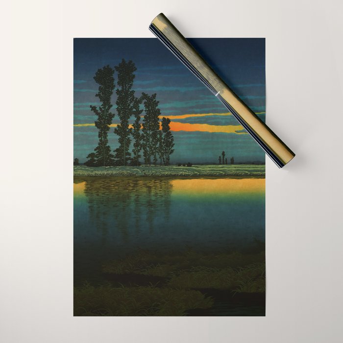 Sundown at Fuhin - Nightime Sunset and Trees by the Lake - Nature Ukiyo Landscape in Blue, Green & Orange Wrapping Paper Gallery Image 1