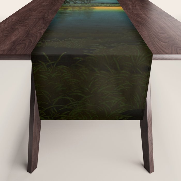 Sundown at Fuhin - Nightime Sunset and Trees by the Lake - Nature Ukiyo Landscape in Blue, Green & Orange Table Runner Gallery Image 1