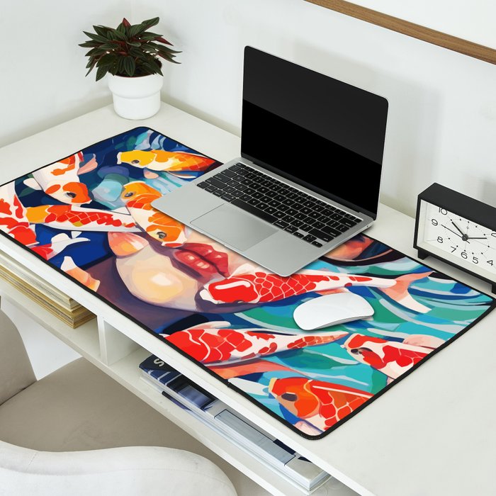 Point of View, Individuality Koi Fish Yoga Meditation, Woman Glasses Vision Concept, Fishpond Eclectic Vintage Painting Desk Mat Gallery Image 2
