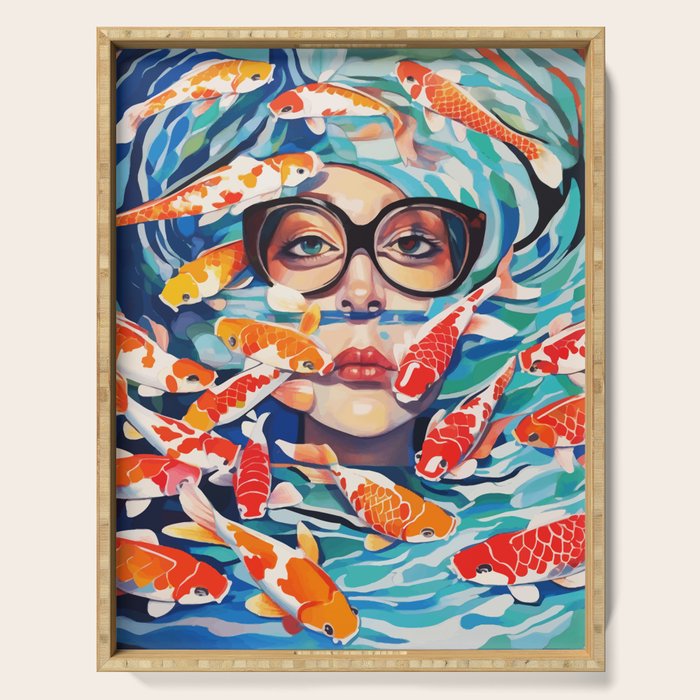 Point of View, Individuality Koi Fish Yoga Meditation, Woman Glasses Vision Concept, Fishpond Eclectic Vintage Painting Serving Tray Gallery Image 1