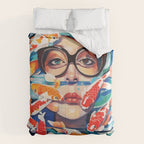 Point of View, Individuality Koi Fish Yoga Meditation, Woman Glasses Vision Concept, Fishpond Eclectic Vintage Painting Comforter Gallery Image 6