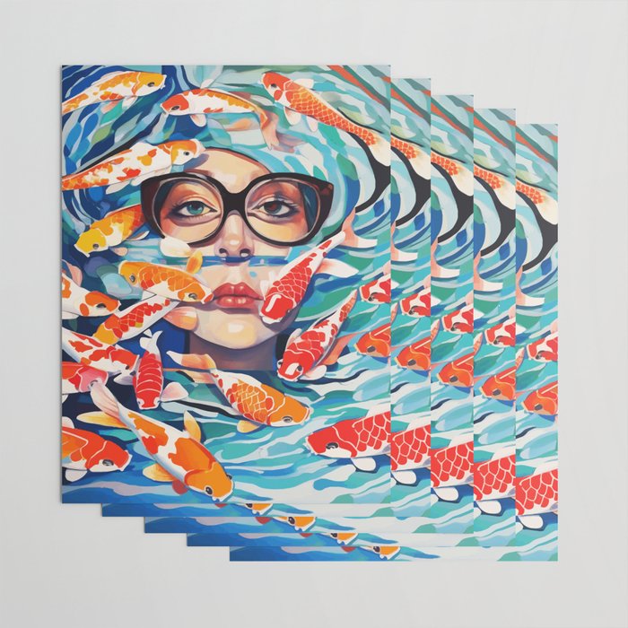 Point of View, Individuality Koi Fish Yoga Meditation, Woman Glasses Vision Concept, Fishpond Eclectic Vintage Painting Wrapping Paper Gallery Image 3