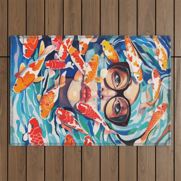 Point of View, Individuality Koi Fish Yoga Meditation, Woman Glasses Vision Concept, Fishpond Eclectic Vintage Painting Outdoor Rug Gallery Image 1