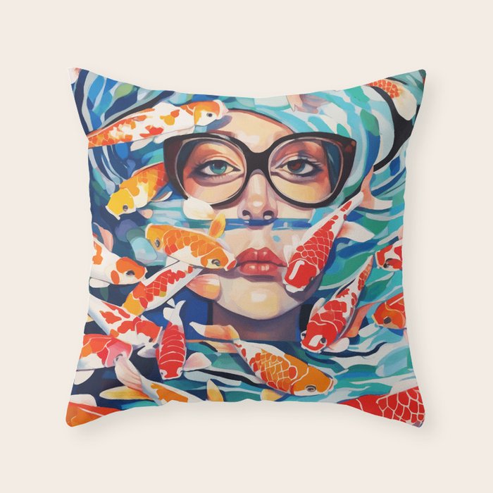 Point of View, Individuality Koi Fish Yoga Meditation, Woman Glasses Vision Concept, Fishpond Eclectic Vintage Painting Throw Pillow Gallery Image 6