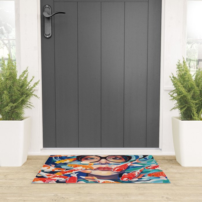 Point of View, Individuality Koi Fish Yoga Meditation, Woman Glasses Vision Concept, Fishpond Eclectic Vintage Painting Welcome Mat Gallery Image 3
