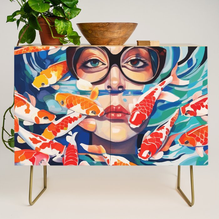 Point of View, Individuality Koi Fish Yoga Meditation, Woman Glasses Vision Concept, Fishpond Eclectic Vintage Painting Credenza Gallery Image 1