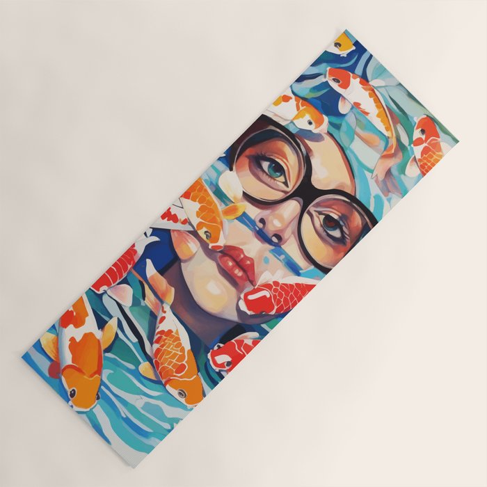 Point of View, Individuality Koi Fish Yoga Meditation, Woman Glasses Vision Concept, Fishpond Eclectic Vintage Painting Yoga Mat Gallery Image 1