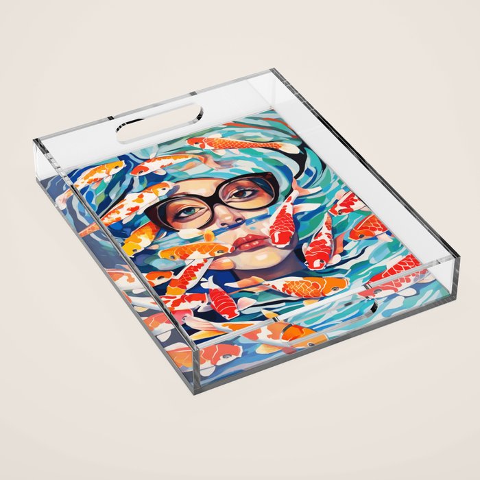 Point of View, Individuality Koi Fish Yoga Meditation, Woman Glasses Vision Concept, Fishpond Eclectic Vintage Painting Acrylic Tray Gallery Image 1