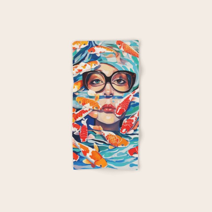 Point of View, Individuality Koi Fish Yoga Meditation, Woman Glasses Vision Concept, Fishpond Eclectic Vintage Painting Bath Towel Gallery Image 1