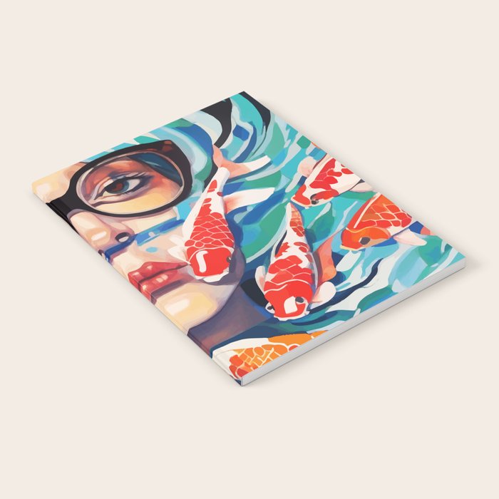 Point of View, Individuality Koi Fish Yoga Meditation, Woman Glasses Vision Concept, Fishpond Eclectic Vintage Painting Notebook Gallery Image 1