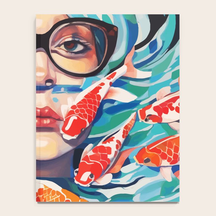 Point of View, Individuality Koi Fish Yoga Meditation, Woman Glasses Vision Concept, Fishpond Eclectic Vintage Painting Notebook Gallery Image 4