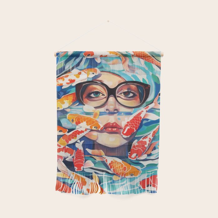 Point of View, Individuality Koi Fish Yoga Meditation, Woman Glasses Vision Concept, Fishpond Eclectic Vintage Painting Wall Hanging Gallery Image 1