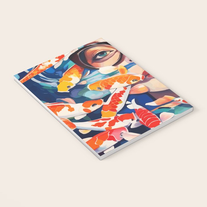 Point of View, Individuality Koi Fish Yoga Meditation, Woman Glasses Vision Concept, Fishpond Eclectic Vintage Painting Notebook Gallery Image 3