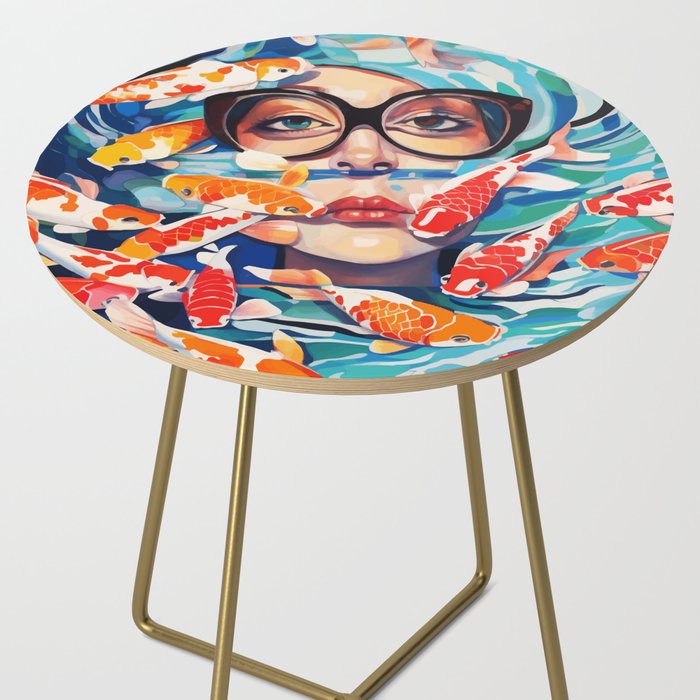 Point of View, Individuality Koi Fish Yoga Meditation, Woman Glasses Vision Concept, Fishpond Eclectic Vintage Painting Side Table Gallery Image 2