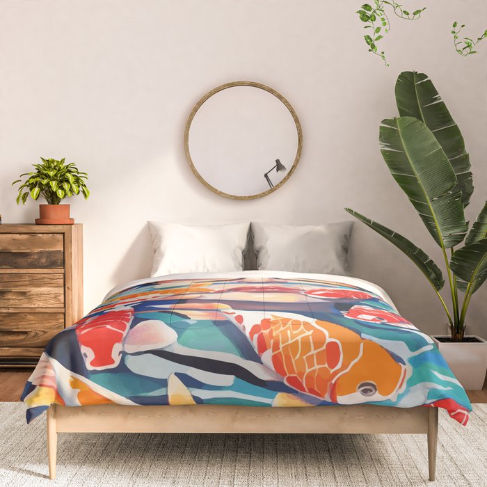 Point of View, Individuality Koi Fish Yoga Meditation, Woman Glasses Vision Concept, Fishpond Eclectic Vintage Painting Comforter Gallery Image 3