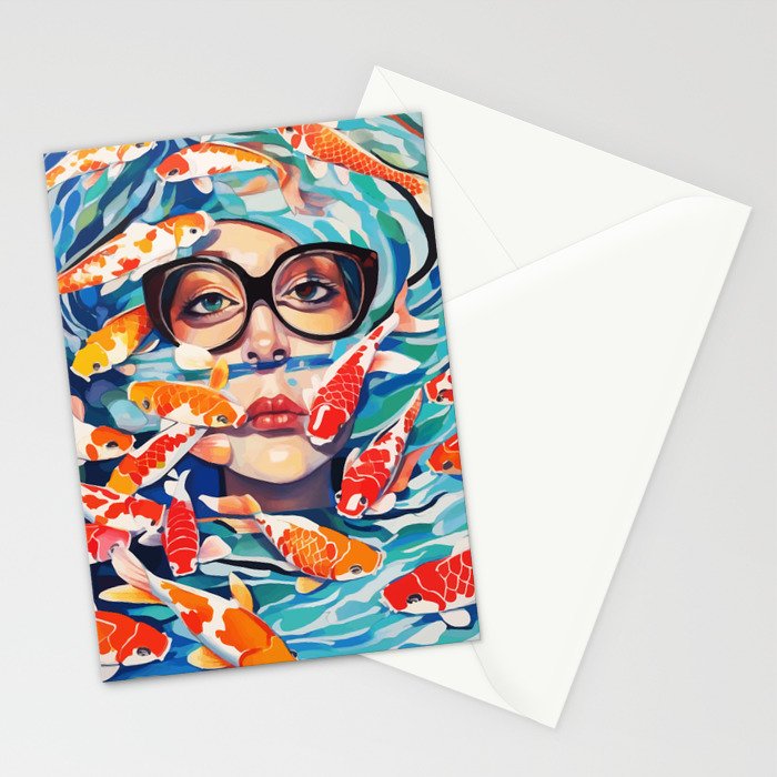 Point of View, Individuality Koi Fish Yoga Meditation, Woman Glasses Vision Concept, Fishpond Eclectic Vintage Painting Stationery Card Gallery Image 2