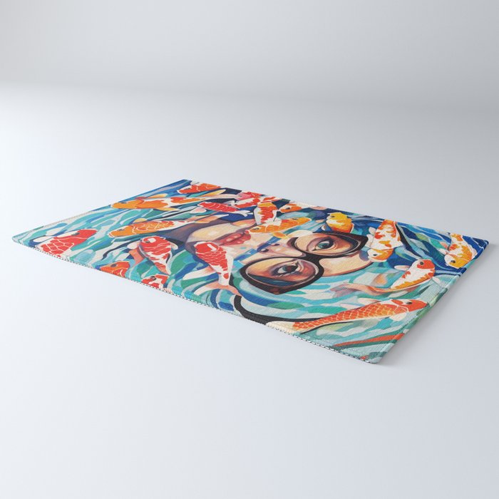 Point of View, Individuality Koi Fish Yoga Meditation, Woman Glasses Vision Concept, Fishpond Eclectic Vintage Painting Rug Gallery Image 3