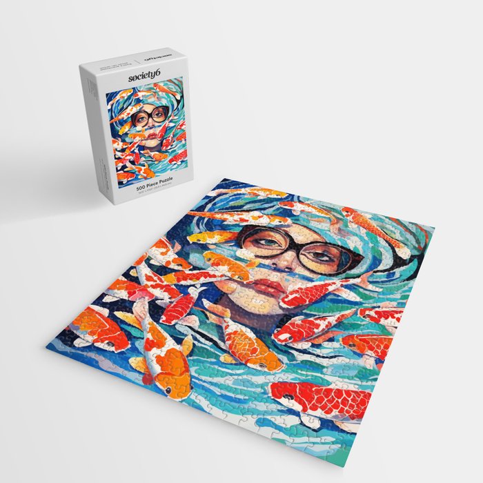 Point of View, Individuality Koi Fish Yoga Meditation, Woman Glasses Vision Concept, Fishpond Eclectic Vintage Painting Jigsaw Puzzle Gallery Image 2