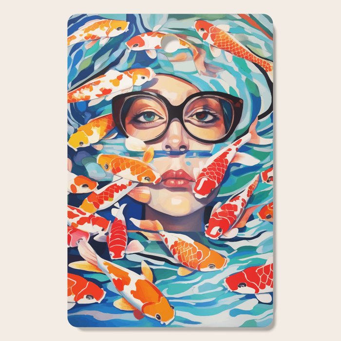 Point of View, Individuality Koi Fish Yoga Meditation, Woman Glasses Vision Concept, Fishpond Eclectic Vintage Painting Cutting Board Gallery Image 1