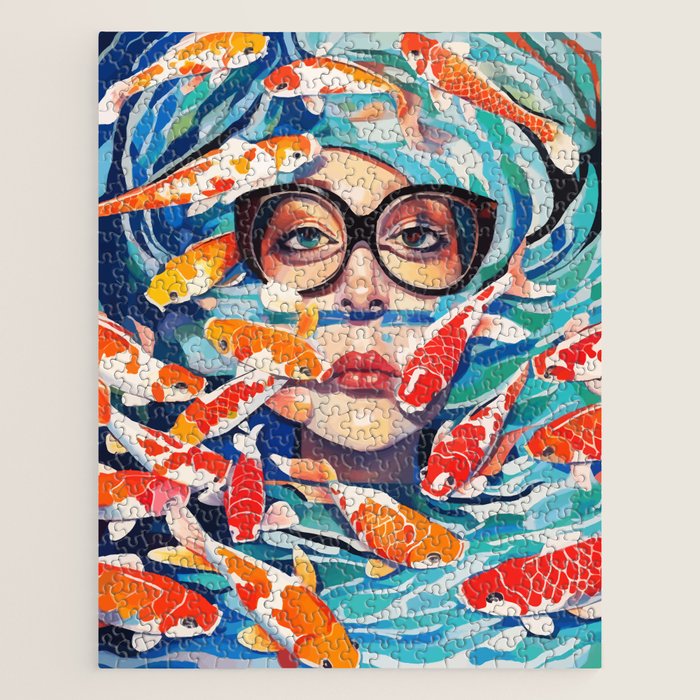 Point of View, Individuality Koi Fish Yoga Meditation, Woman Glasses Vision Concept, Fishpond Eclectic Vintage Painting Jigsaw Puzzle Gallery Image 1