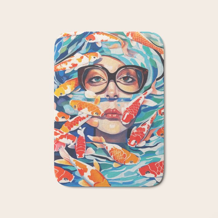 Point of View, Individuality Koi Fish Yoga Meditation, Woman Glasses Vision Concept, Fishpond Eclectic Vintage Painting Bath Mat Gallery Image 1