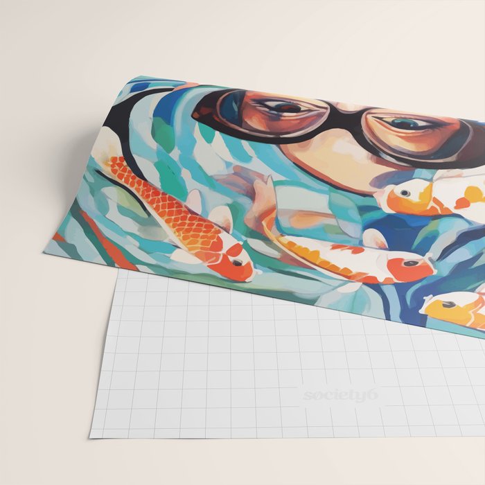 Point of View, Individuality Koi Fish Yoga Meditation, Woman Glasses Vision Concept, Fishpond Eclectic Vintage Painting Wrapping Paper Gallery Image 2
