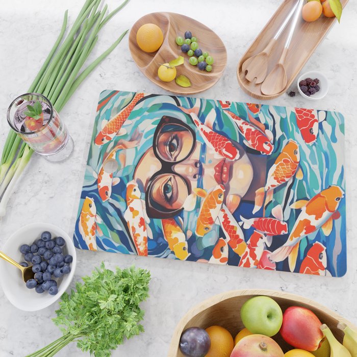 Point of View, Individuality Koi Fish Yoga Meditation, Woman Glasses Vision Concept, Fishpond Eclectic Vintage Painting Cutting Board Gallery Image 2