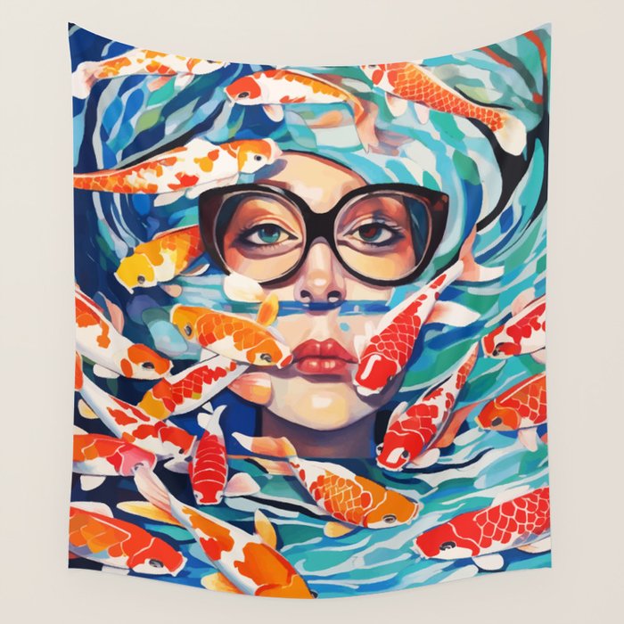 Point of View, Individuality Koi Fish Yoga Meditation, Woman Glasses Vision Concept, Fishpond Eclectic Vintage Painting Wall Tapestry Gallery Image 4
