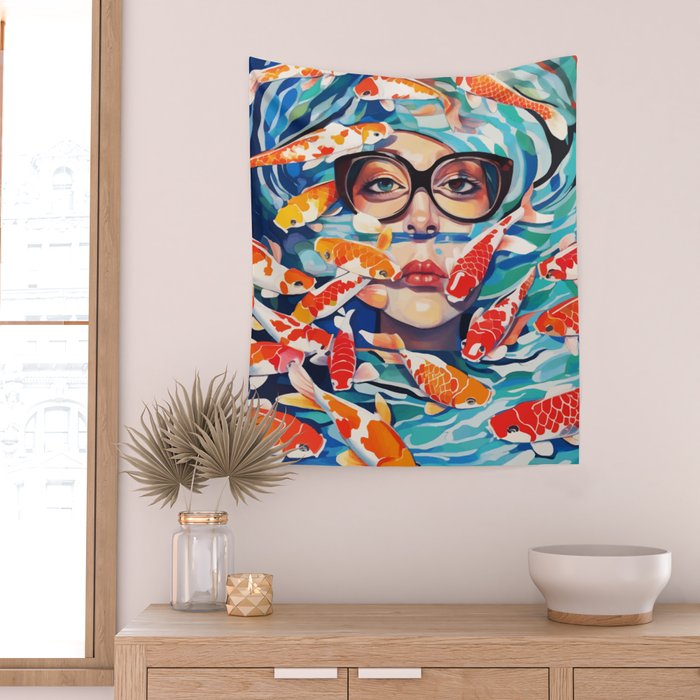 Point of View, Individuality Koi Fish Yoga Meditation, Woman Glasses Vision Concept, Fishpond Eclectic Vintage Painting Wall Tapestry Gallery Image 2