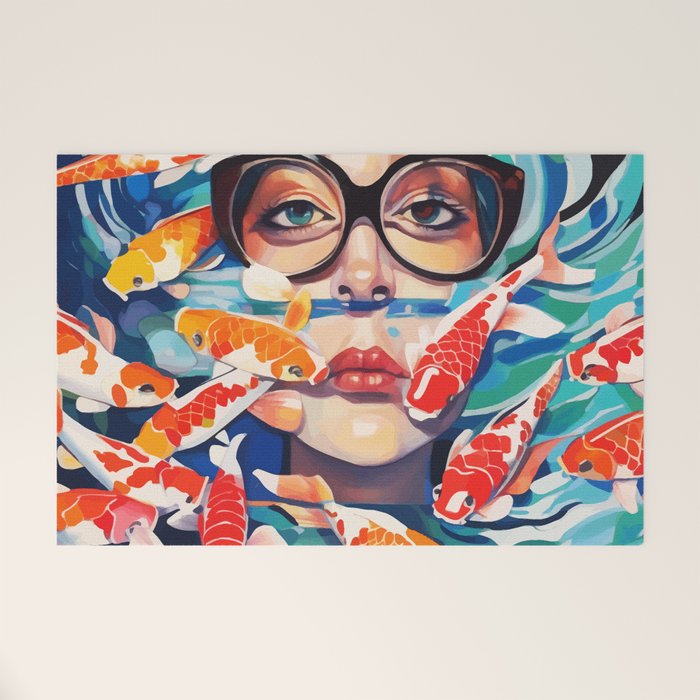Point of View, Individuality Koi Fish Yoga Meditation, Woman Glasses Vision Concept, Fishpond Eclectic Vintage Painting Welcome Mat Gallery Image 1