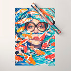 Point of View, Individuality Koi Fish Yoga Meditation, Woman Glasses Vision Concept, Fishpond Eclectic Vintage Painting Wrapping Paper Gallery Image 1