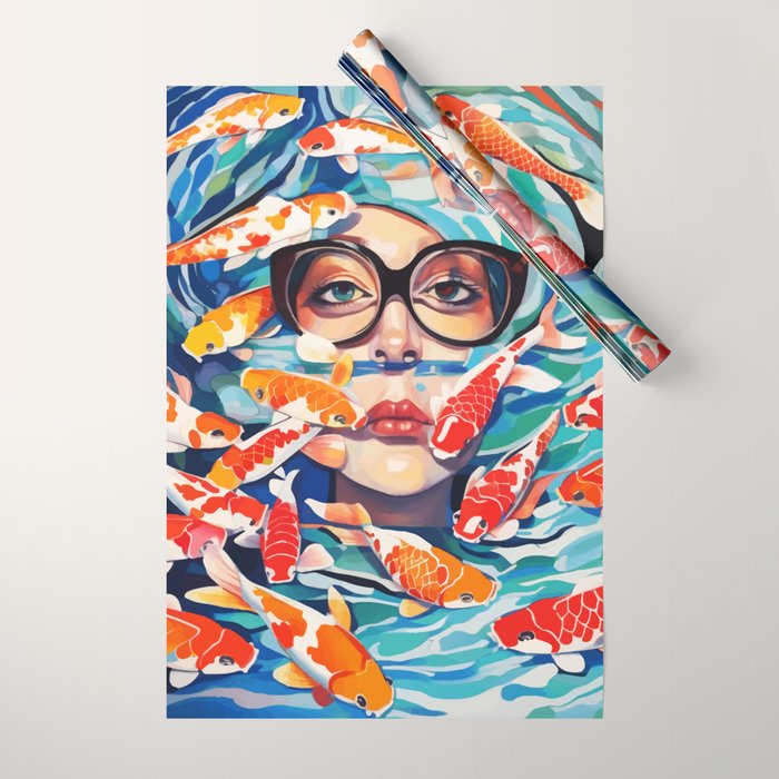 Point of View, Individuality Koi Fish Yoga Meditation, Woman Glasses Vision Concept, Fishpond Eclectic Vintage Painting Wrapping Paper Gallery Image 1