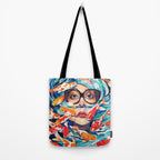 Point of View, Individuality Koi Fish Yoga Meditation, Woman Glasses Vision Concept, Fishpond Eclectic Vintage Painting Tote Bag Gallery Image 2