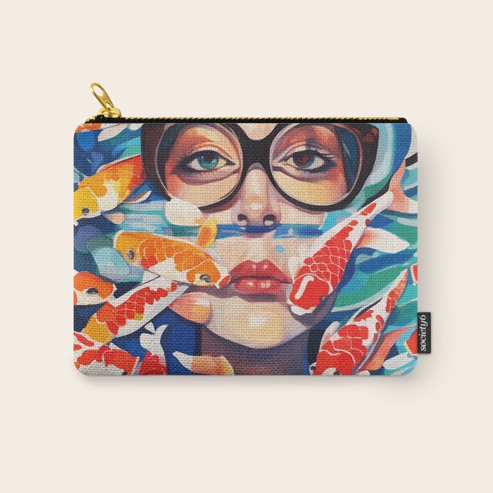 Point of View, Individuality Koi Fish Yoga Meditation, Woman Glasses Vision Concept, Fishpond Eclectic Vintage Painting Carry All Pouch Gallery Image 1