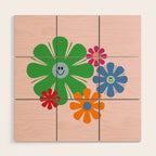 Happy Retro Flowers 60s 70s Smiley Face Colorful Spring Floral on Pink Wood Wall Art Gallery Image 1