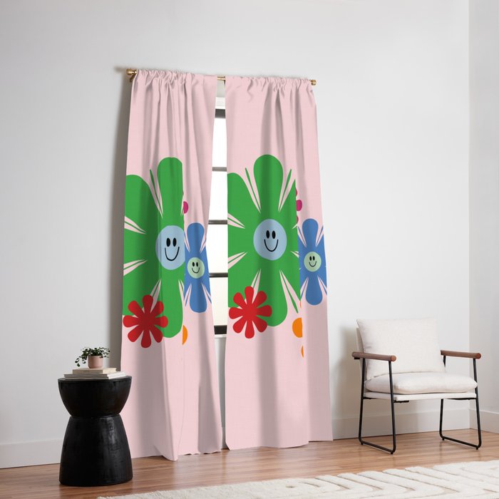 Happy Retro Flowers 60s 70s Smiley Face Colorful Spring Floral on Pink Window Curtain Gallery Image 2