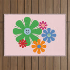 Happy Retro Flowers 60s 70s Smiley Face Colorful Spring Floral on Pink Outdoor Rug Gallery Image 1