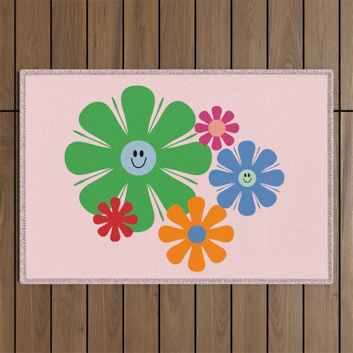 Happy Retro Flowers 60s 70s Smiley Face Colorful Spring Floral on Pink Outdoor Rug Gallery Image 1