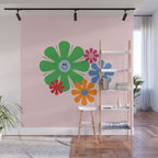 Happy Retro Flowers 60s 70s Smiley Face Colorful Spring Floral on Pink Wall Mural Gallery Image 1