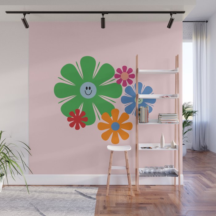 Happy Retro Flowers 60s 70s Smiley Face Colorful Spring Floral on Pink Wall Mural Gallery Image 1