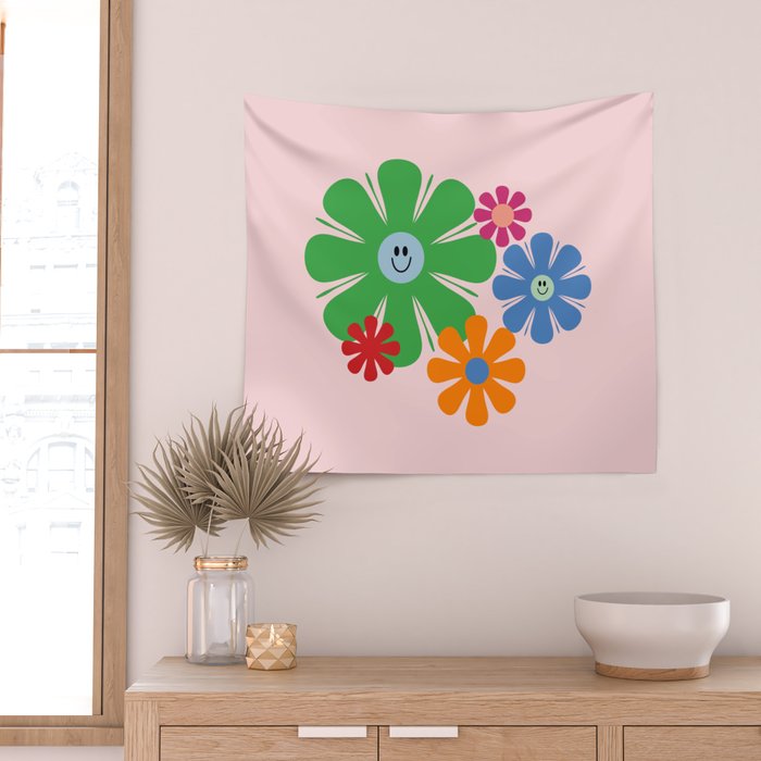 Happy Retro Flowers 60s 70s Smiley Face Colorful Spring Floral on Pink Wall Tapestry Gallery Image 2