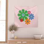 Happy Retro Flowers 60s 70s Smiley Face Colorful Spring Floral on Pink Wall Tapestry Gallery Image 2