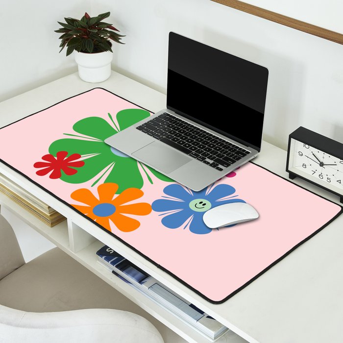 Happy Retro Flowers 60s 70s Smiley Face Colorful Spring Floral on Pink Desk Mat Gallery Image 2