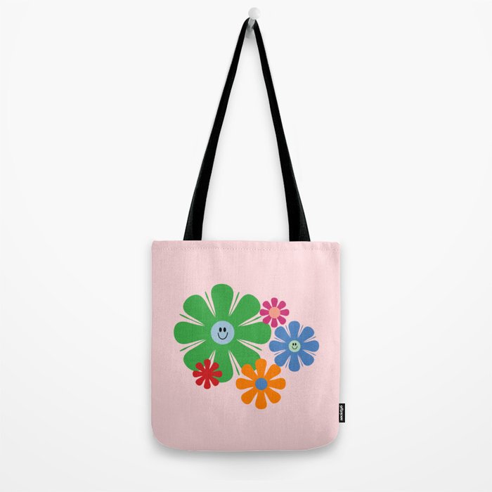 Happy Retro Flowers 60s 70s Smiley Face Colorful Spring Floral on Pink Tote Bag Gallery Image 2