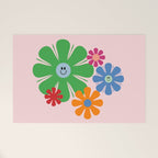 Happy Retro Flowers 60s 70s Smiley Face Colorful Spring Floral on Pink Welcome Mat Gallery Image 1