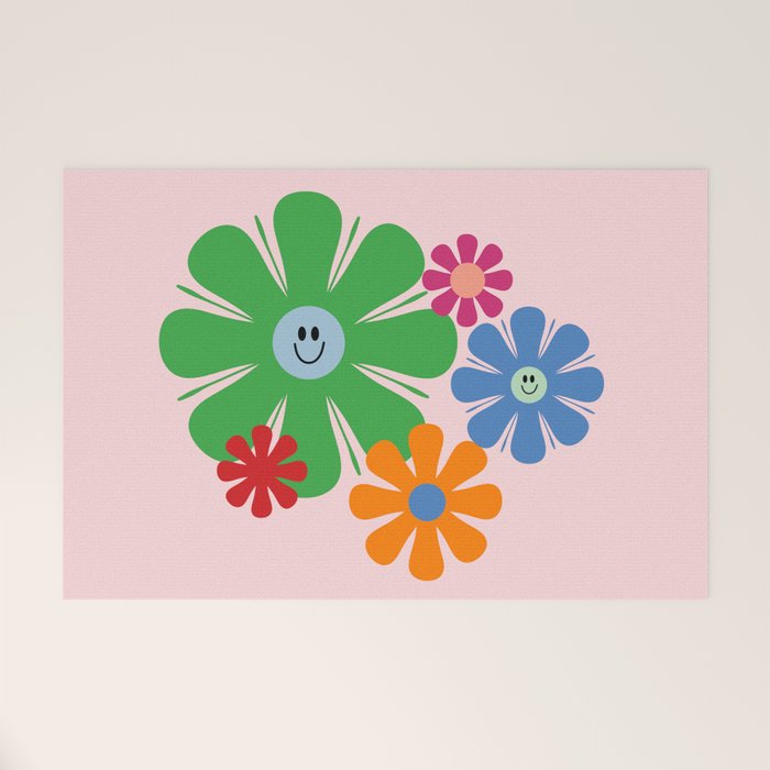 Happy Retro Flowers 60s 70s Smiley Face Colorful Spring Floral on Pink Welcome Mat Gallery Image 1